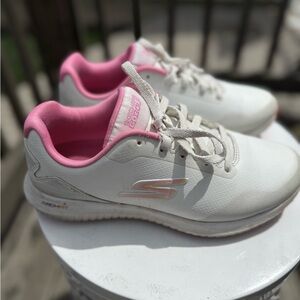White and Pink sketchers golf shoes